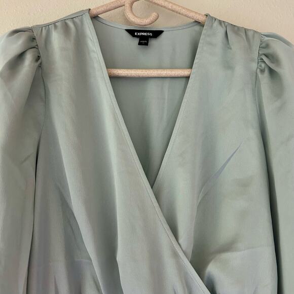 Express wrap peplum long puff sleeve silky satin top V neck feminine romantic M - Picture 7 of 13
